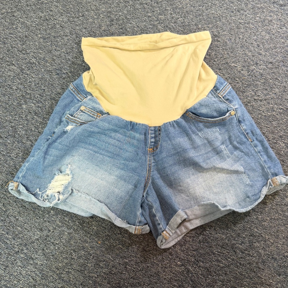 Indigo Blue Womens Maternity Jean Shorts Distressed Medium Full Belly Band L